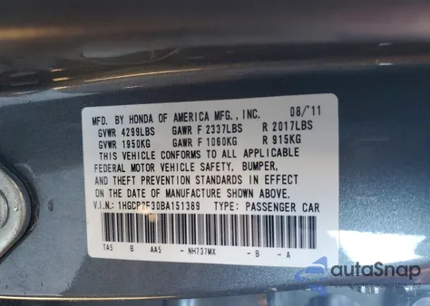 2011 Honda Accord Lx z USA, uszkodzony, nr VIN 1HGCP2F30BA151389